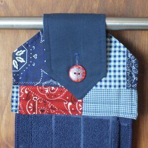 BLUE & RED PATCHWORK HAND TOWEL HANDMADE HANGING NAVY BLUE MICROFIBER TOWEL